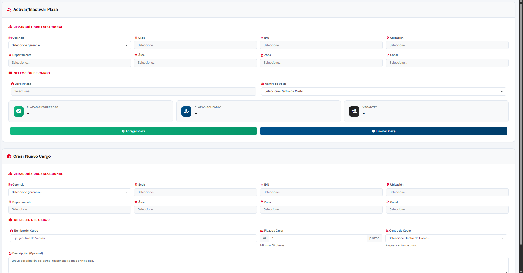 Formulario para crear cargo y activar plaza