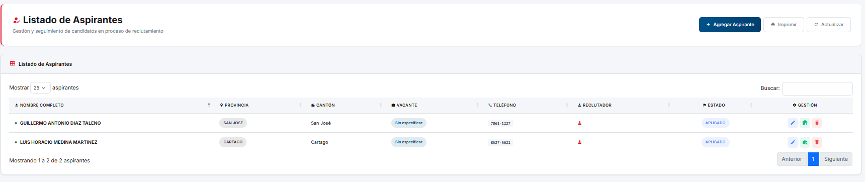 Listado de aspirantes